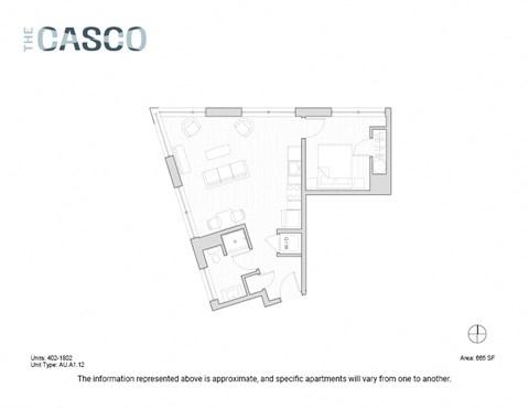 Floor plan for 1 bed, 1 bath, 665 sqft